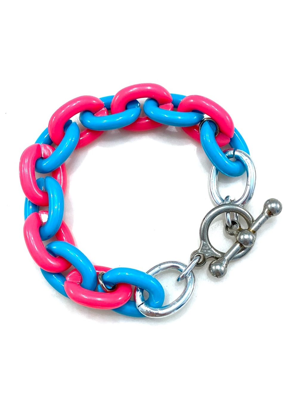 Vintage Silver Tone Chunky Chain Link Bracelet Pink Blue Acrylic Toggle Clasp